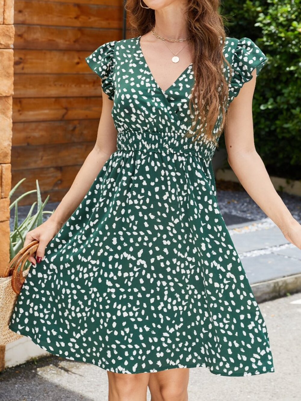 NWT Cupshe Olive Irregular Polka Dot Flutter Sleeve Midi Dress Size Small S NEW - Picture 1 of 9